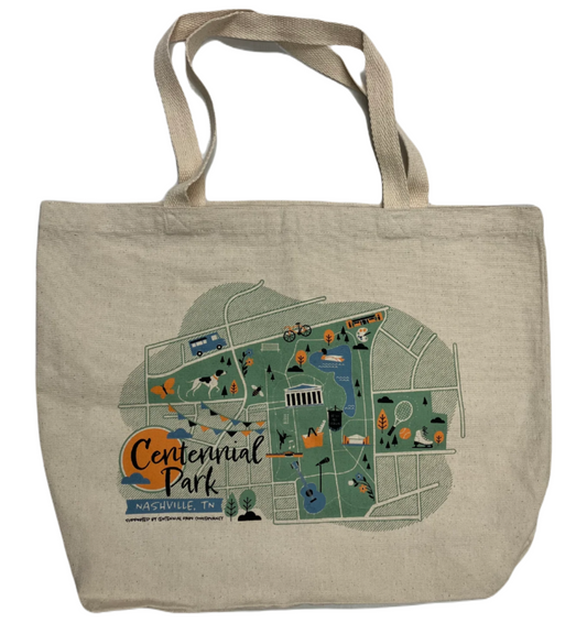 A canvas tote bag featuring an illustrated map of Centennial Park and the Parthenon in Nashville, TN 